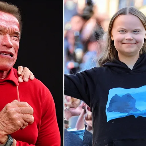 Prompt: Arnold Schwarzenegger and Greta Thunberg are happy together, realistic cartoon