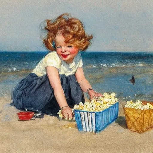 Image similar to (((((1950s girls eating popcorn at the beach . muted colors.))))) by Jean-Baptiste Monge !!!!!!!!!!!!!!!!!!!!!!!!!!!