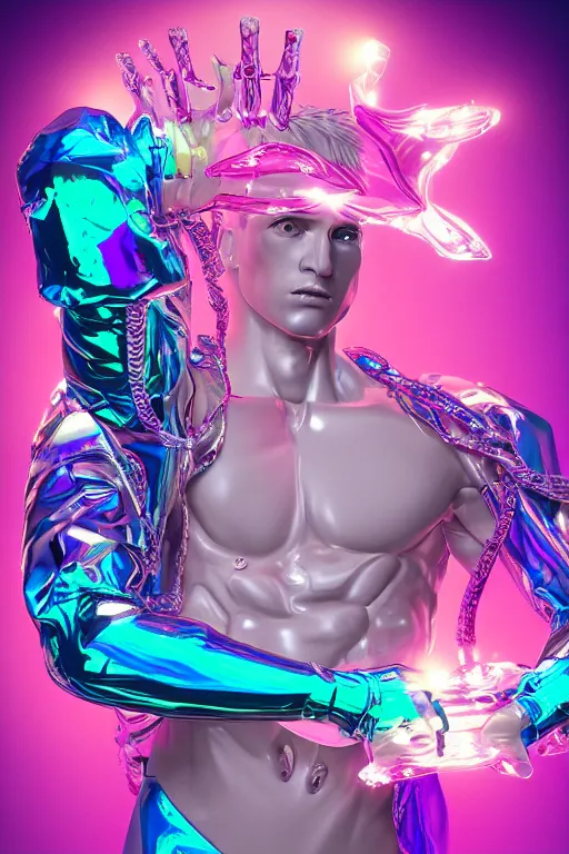 Image similar to hyper detailed ultra sharp fullbody photo of baroque and cyberpunk transparent pink ceramic sculpture of a muscular seductive muscular italian guido feeling muy cachondo, muy dotado, iridescent humanoid deity wearing pink plastic seethrough cloak, holding a rainbow tiger gem, blue diamond, glowing pink face, crown of white diamonds, cinematic lighting, photorealistic, octane render 8 k
