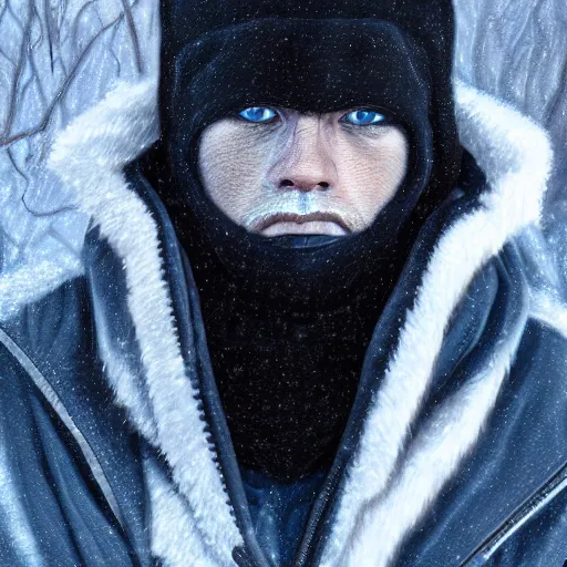 Image similar to a detailed portrait of a man wearing a black ski mask, blue eyes, art illustration, incredibly highly detailed and realistic, 8 k, sharp focus