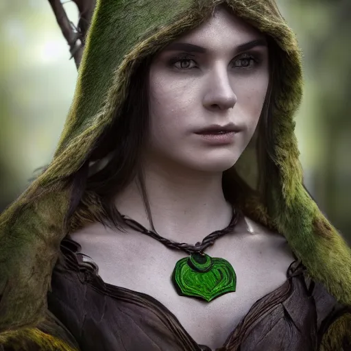 Image similar to anya charlota as a medieval fantasy wood elf, dark purplish hair tucked behind ears, wearing a green tunic with a fur lined collar and brown leather armor, stocky, muscular build, scar across nose, one black, scaled arm, cinematic, character art, digital art, forest background, realistic. 4 k