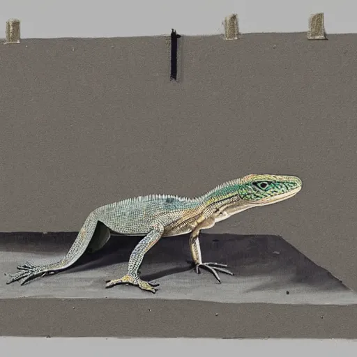 Prompt: a lizard made out of cardboard in a sewer, painting by rembrandt