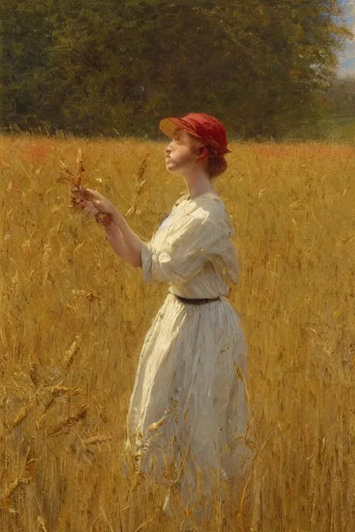 Prompt: Solomon Joseph Solomon and Richard Schmid and Jeremy Lipking victorian genre painting full length portrait painting of a young cottagecore walking in an open field of wheat, red background