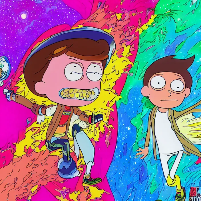 Image similar to Michael J. Fox as Morty Smith from Rick and Morty by Noriyoshi Ohrai and Lisa Frank, inking, full color