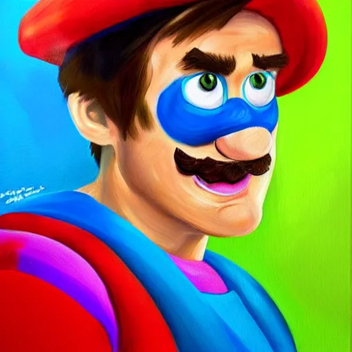 Image similar to painted portrait of jim carrey as super mario, highly detailed, colourful, brushstrokes, highly detailed