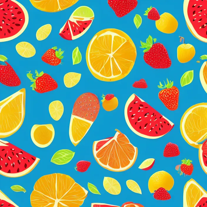 Prompt: vector pattern with fruits, vector illustration, simple colors, minimalism, artstation, DeviantArt