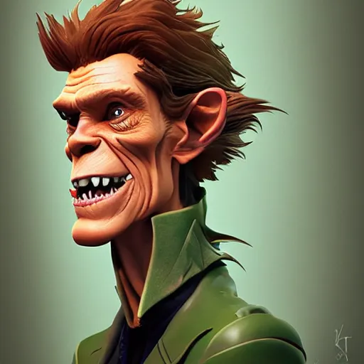 Image similar to portrait of willem dafoe as the goblin king, green skin, long sharp ears and nose, mattepainting concept blizzard pixar maya engine on stylized background splash comics global illumination lighting artstation, sharp focus, lois van baarle, ilya kuvshinov, rossdraws