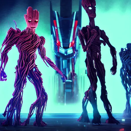 Image similar to groot and optimus prime dancing at techno party among people, wide shoot, octane render, ultra realistic