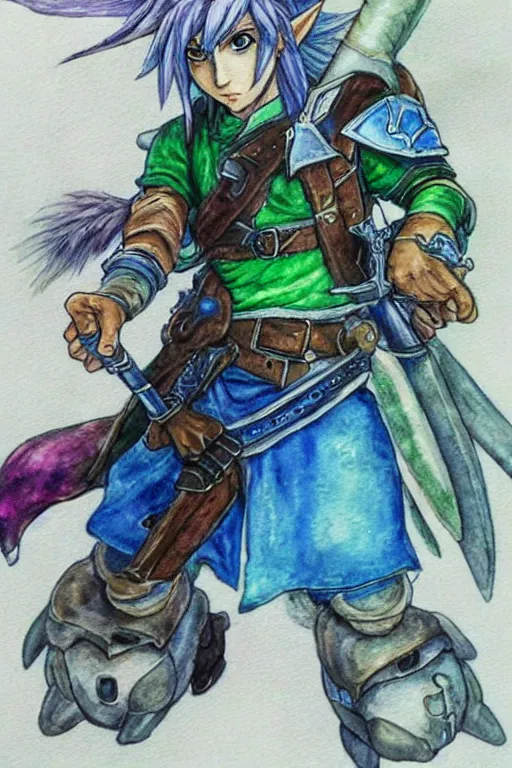 Prompt: Link from the Legend of Zelda as a Final Fantasy Character, watercolor, by Yoshitaka Amano, peaceful color palette, high detail paint