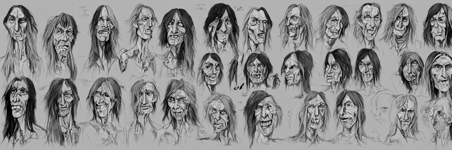 Image similar to character study of daevid allen and iggy pop, clear faces, wild, crazy, character sheet, fine details, concept design, contrast, kim jung gi, pixar and da vinci, trending on artstation, 8 k, full body and head, turnaround, front view, back view, ultra wide angle