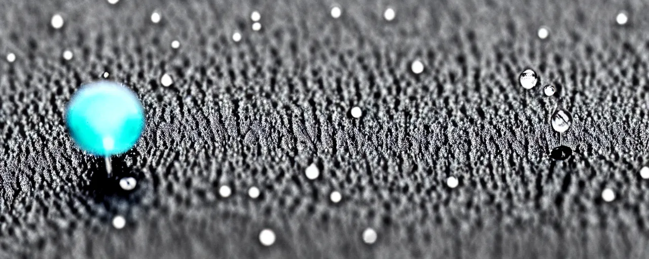 Image similar to a single drop of water balances on the tip of a pin, extreme close - up