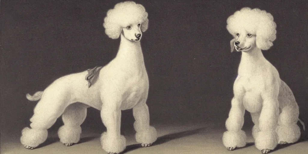 Prompt: 1 8 0 0 s lithograph of a poodle in portrait