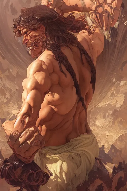 Image similar to hulking herculean ogre jesus christ, masterpiece, intricate, elegant, highly detailed, digital painting, artstation, concept art, smooth, sharp focus, illustration, art by artgerm and greg rutkowski and alphonse mucha and uang guangjian and gil elvgren and sachin teng, symmetry!!