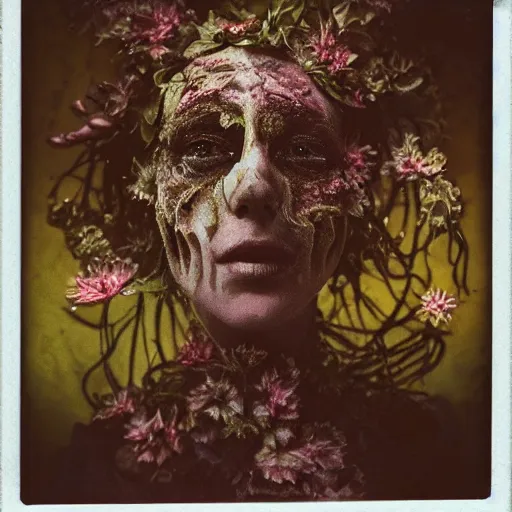 Image similar to a beautiful detailed front view portrait of a rotten woman corpse with fractal plants and fractal flowers growing around, volumetric light, beautiful lit, polaroid photography