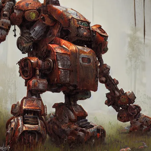 Prompt: a rusted mech with moss by eddie mendoza