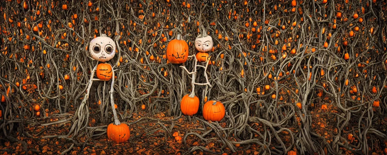 Prompt: a highly detailed boy made of sticks with a pumpkin head in a highly realistic pumpkin patch, twisted vines, fall season, swirling fog, night, dead tree forest, photo real pumpkins, moon, photorealistic, insanely detailed and intricate, epic, volumetric haze, hyper realistic, elegant, ornate, elite, horror, creepy, ominous, haunting, cinematic lighting, unreal engine, symmetrical, cinematic centered camera, high detail by Zdzislaw Beksinski