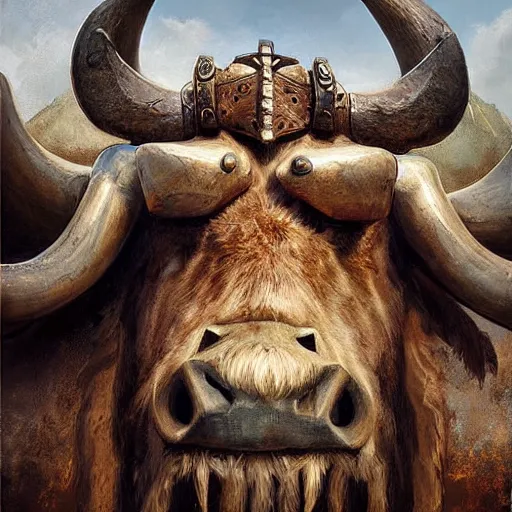 Image similar to digital painting of an ox as a viking by filipe pagliuso and justin gerard, symmetric, fantasy, highly, detailed, realistic, intricate