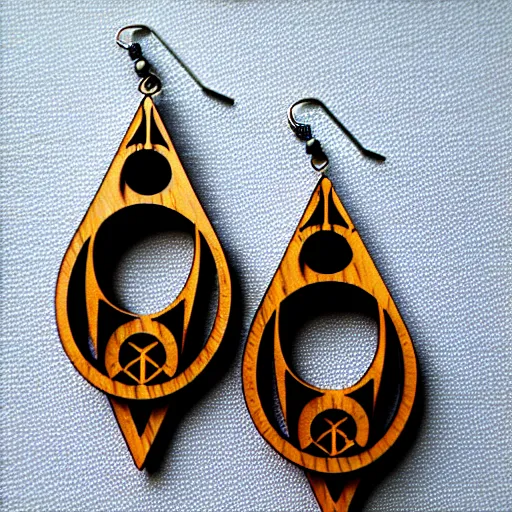 Image similar to 2 d wood lasercut earrings, mystical symbols, 8 k, hd, trending on amazon on artstation, trending on deviantart, trending on etsy, epic digital art