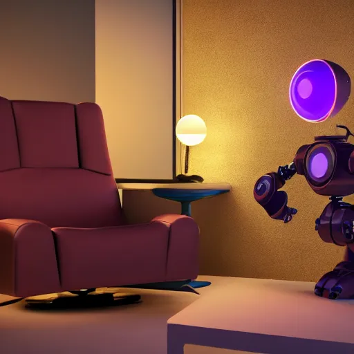 Image similar to futuristic lonely matte brown and red full-body humanoid robot with two huge round expressive sad purple glowing LED eyes and open rectangular mouth sitting on a large comfortable cushioned 1950s vintage recliner reading a newspaper. open newspaper. Cinematic Movie Photograph, Arri Alexa, Extremely Detailed, smooth, very very clean, 8K, octane render, maya render, unreal engine, trending on artstation, DSLR, excellent composition, center frame