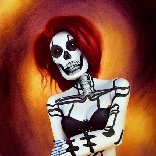 Prompt: cute & beautiful smug smiling undead skeleton girl with very attractive face and red hair dressed as a metrocop, elegant, digital art, fullbody painting, fantasy, pixar style, painting, pin up, highly detailed, artstation, art by artgerm, vrubel, greg rutkowski, ilya kuvshinov, raymond swanland