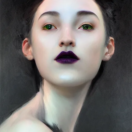 Image similar to yanjun cheng portrait of a beautiful dark fae woman, with black lips, gray mottled skin, black feathers instead of hair, feathers growing out of skin, modestly clothed, intricate, detailed, symmetric face, by wlop and karol bak and bouguereau and viktoria gavrilenko