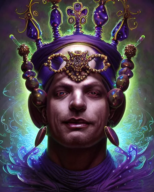 Image similar to front shot of a court jester character, hyperdimensional, bioluminescent hypercubes, ((intricate)), elegant, highly detailed, centered, (((artstation, concept art, smooth, sharp focus, artgerm, Tomasz Alen Kopera, Peter Mohrbacher, donato giancola, Joseph Christian Leyendecker, WLOP, Boris Vallejo))), mugshot!!!!!, ugly!!!!!!, octane render, nvidia raytracing demo, grainy, muted