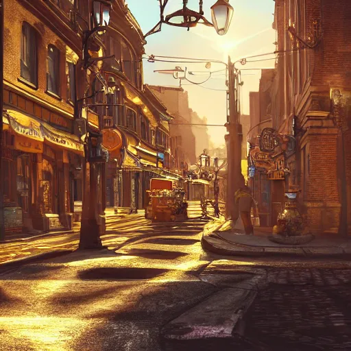 Prompt: Photorealistic steampunk city streets. Daylight. Sunlight. Lens flare. Light fixtures. 8K. Detailed. Photorealism. Artstation. 25mm.