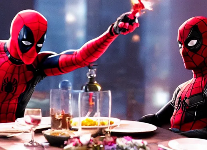 Image similar to film still of Deadpool and Spiderman having a romantic dinner in the new Spiderman movie, 4k