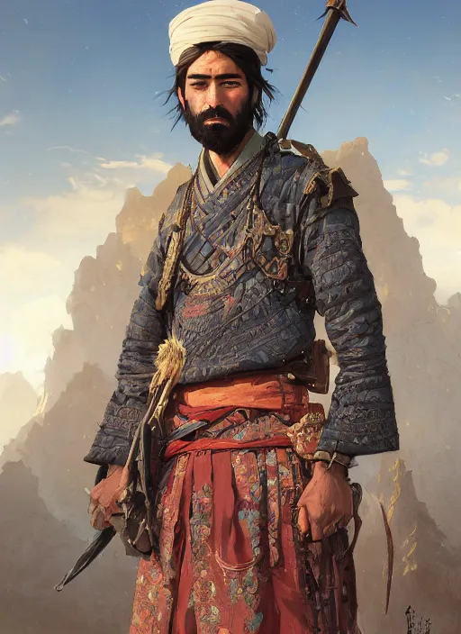 Image similar to Highly detailed portrait of Kurdish samurai, Stephen Bliss, unreal engine, fantasy art by Greg Rutkowski, Loish, Rhads, ferdinand knab, Makoto Shinkai and Lois van baarle, ilya kuvshinov, rossdraws, Tom Bagshaw, alphonse mucha, global illumination, radiant light, detailed and intricate environment