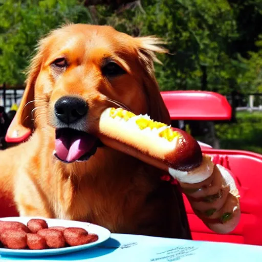 Image similar to a dog eating a hot dog, surreal