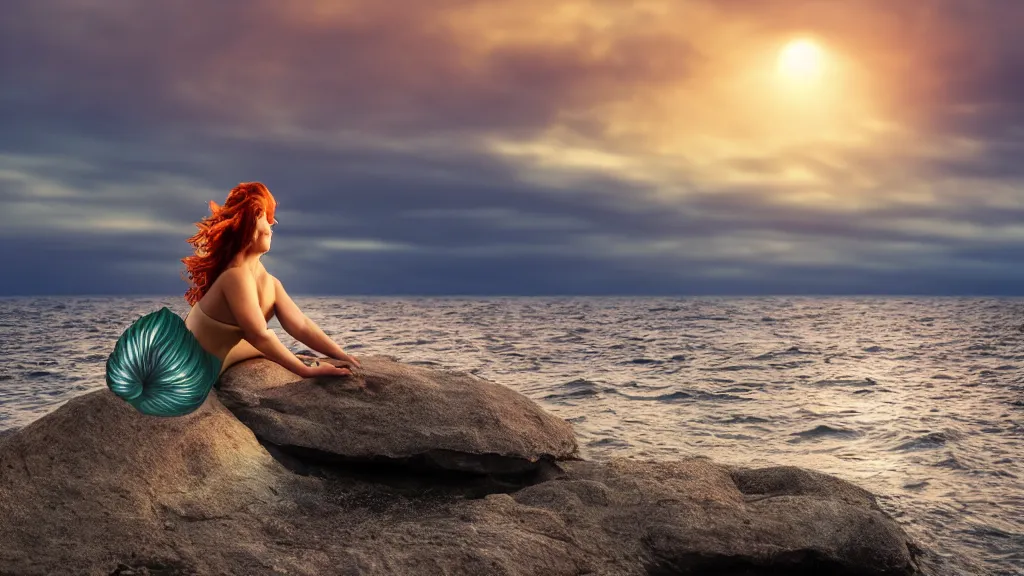 Image similar to a beautiful photograph of a mermaid sits on a rock and stares at the island, sunset lighting, rim light, hyper realistic, 1 0 5 mm, cinematic frame