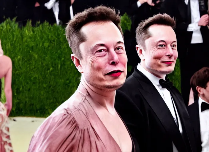 Prompt: Elon Musk and Nikola together at Met Gala 2039 in Mars Futuristic Speaking to a large crowd in an event