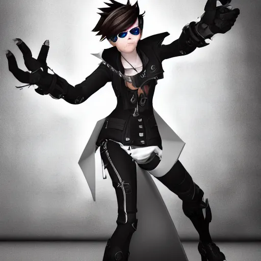 Prompt: a 3 d render of tracer from overwatch but in a gothic style, wearing black lipstick and black eyeliner, 4 k, detailed,