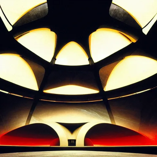 Image similar to eerie dark interior of a futuristic lotus temple space station with gold, red and white marble panels, beams of sunlight in the centre, in the desert, by buckminster fuller and syd mead, intricate contemporary architecture with art nouveau motifs, photo journalism, photography, cinematic, national geographic photoshoot