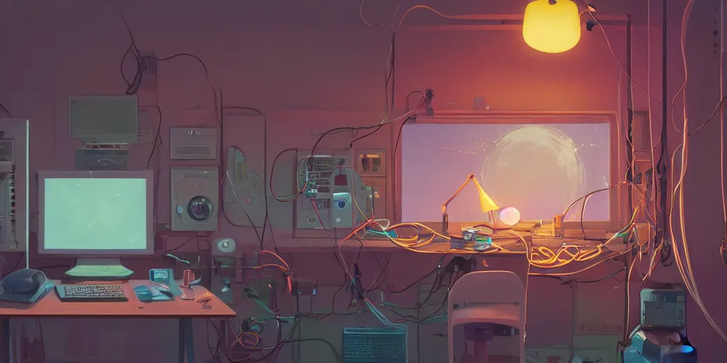 Prompt: cozy 9 0 s bedroom retrofuturism, cluttered, wires everywhere, computer, window, night - time, lit only by the luminescent computer screen, detailed by simon stalenhag