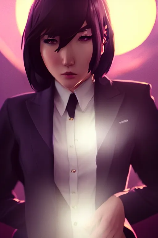 Image similar to a woman in a suit on a beautiful night inspired by ross tran and wlop and masamune shirow and kuvshinov, concept art, intricate, photorealistic, octane render, rtx, hdr, unreal engine, dnd digital art by artgerm