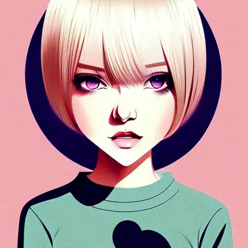 Image similar to urban girl fanart, blond bob haircut, muted colors, matte print, pastel colors, ornate, digital art, cute smile, digital painting, fan art, elegant, pixiv, by ilya kuvshinov