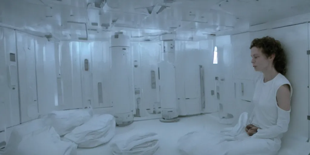 Image similar to a wide shot of Ripley sleeping inside an all-white room of cryogenic sleep chambers by Ridley Scott, Alien movie, grainy, bluish and cream tones