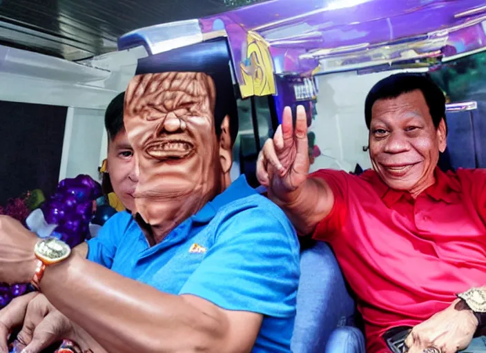 Image similar to rodrigo duterte and thanos riding a jeepney, real life photograph, award winning photograph, 4 k