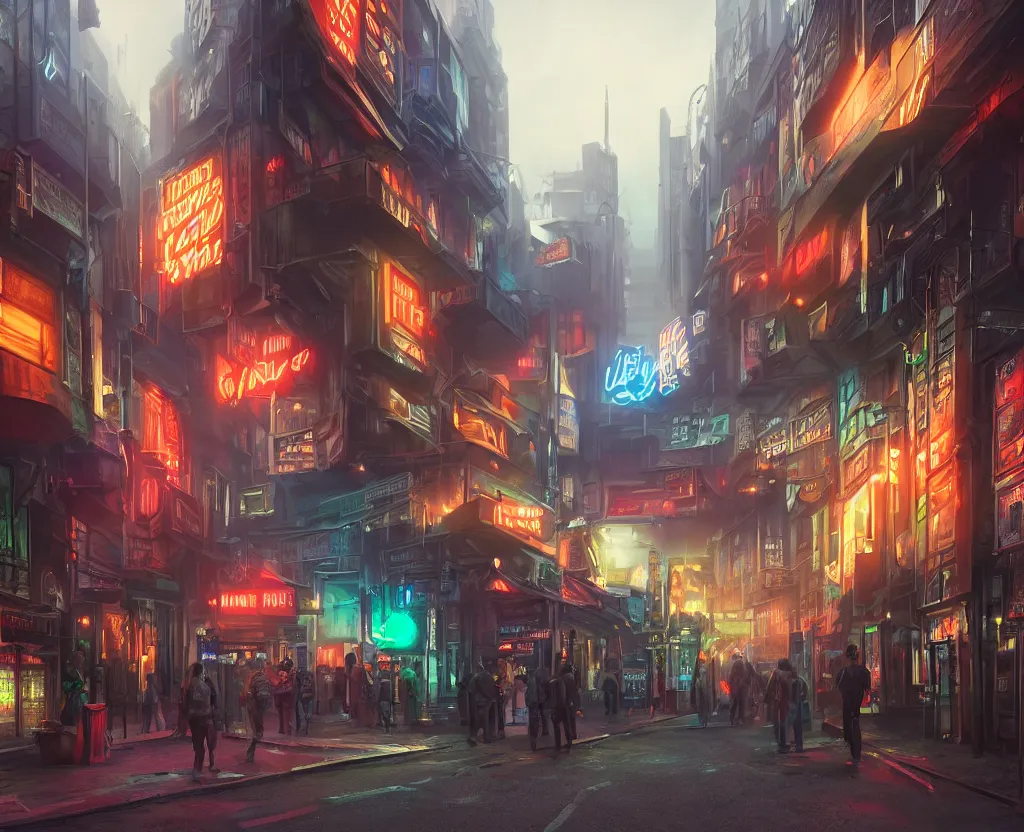 Image similar to three point perspective close wide angle shot of a matte painting environment design of future London alley with neon lights and advertisements, artstation, ultra realistic, volumetric lighting, 4k, unreal engine, octane render, art by Artgerm and Greg Rutkowski and Alphonse Mucha