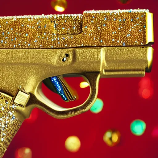 Image similar to a medium shot photograph of a gold glock 18 encrusted with gemstones against a smooth red silk background