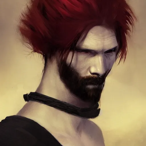 Prompt: A man with red hair parted in the middle in a surfer's cut, straight hair. His left eye has three diagonal wounds, but the eye is open. He wears a black cloak with a collar. painted fantasy character portrait, head shot, concept art, sharp focus, highly detailed, illustration, trending on artstation, art by greg rutkowski