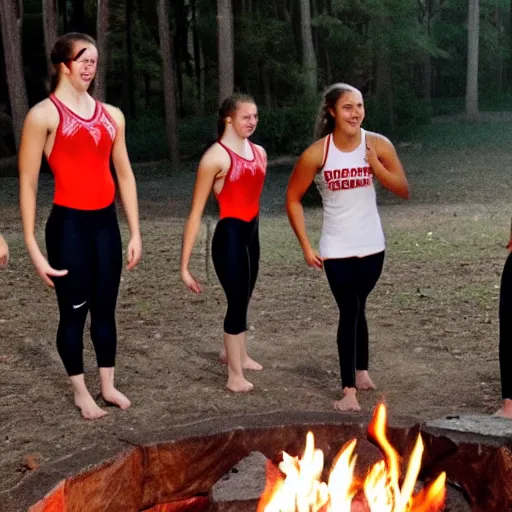 Prompt: college gymnasts at a campfire