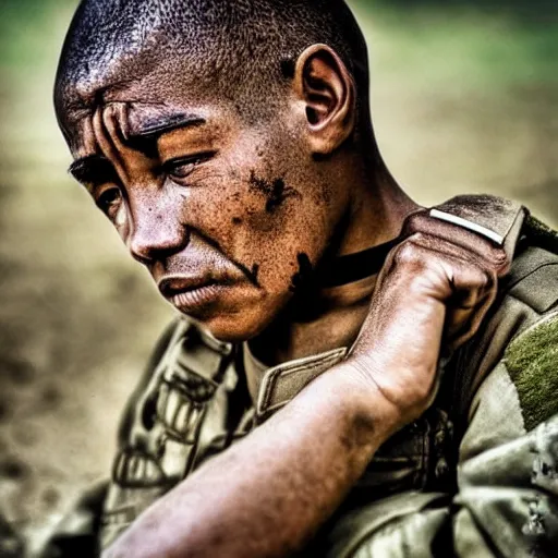 Image similar to soldier!!!!! portrait!!!!! pain, eyes, shoulders, sadness, soft focus, national geographic