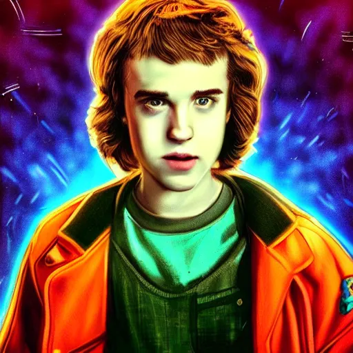 Prompt: “ robert pattison portrait, stranger things character, 8 0 s, neon, high school, student, vhs, arcade, fiction, steven spielberg, hyperrealistic, dramatic, heroic, epic, cinematic lighting ”
