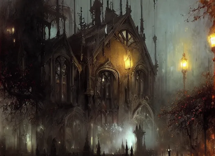 Prompt: gothic mansion, ornate, magical, elegant, artwork, paint, complimentary - colors, bastien lecouffe - deharme, by jeremy mann