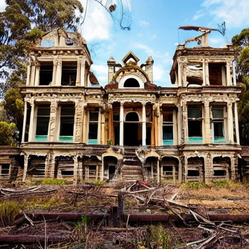 Prompt: Abandoned city Melbourne, Australia. Built in 1835, thrived under the rule of the Andrews government