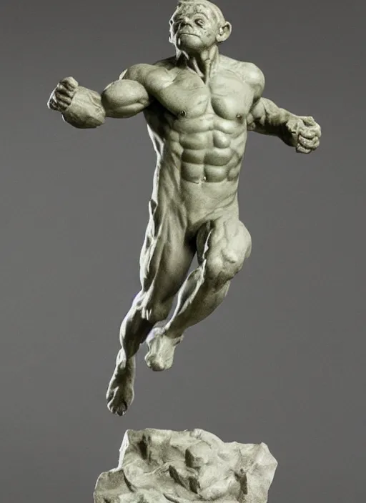 Image similar to a full figure marble sculpture of a running goblin, rough texture by Rodin and Frazetta