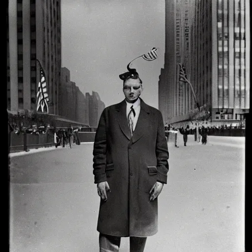 Prompt: Wet plate image of a mythic man, age 34, Standing outside 30 Rockefeller Center, He has large black wings, Dark photo, Slightly blurred,