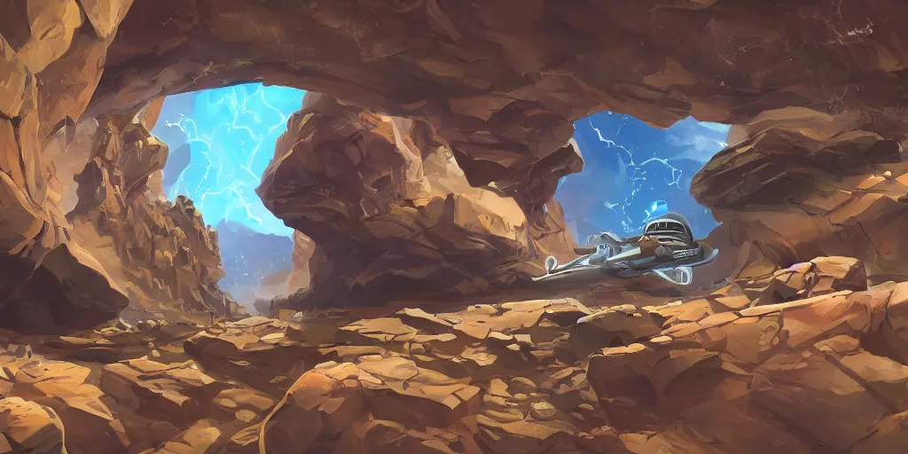 Image similar to marketing game illustration, a space craft run into the rocks canyon very fast in the style of Blizzard